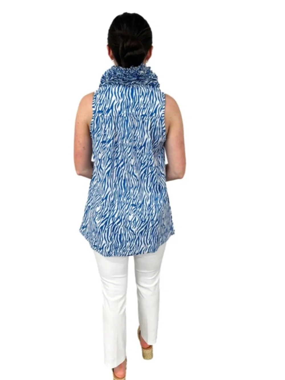 LIZA BYRD Newport Sleeveless Ruffle Collar Tunic in Blue White Zebra Stripe, NWT